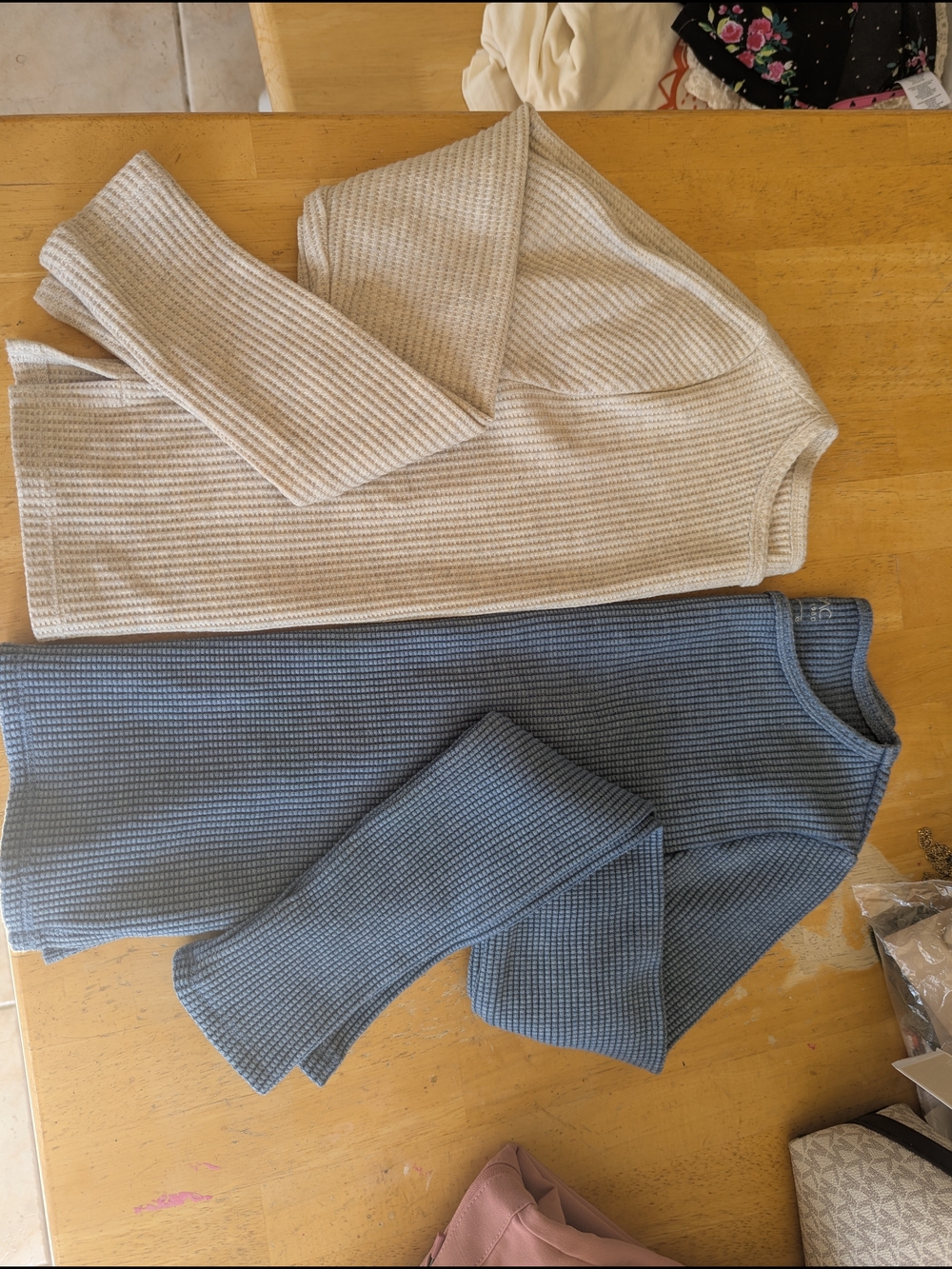 PacSun Waffle Knit Long Sleeve Tops - Beige & Slate Blue, Size XS